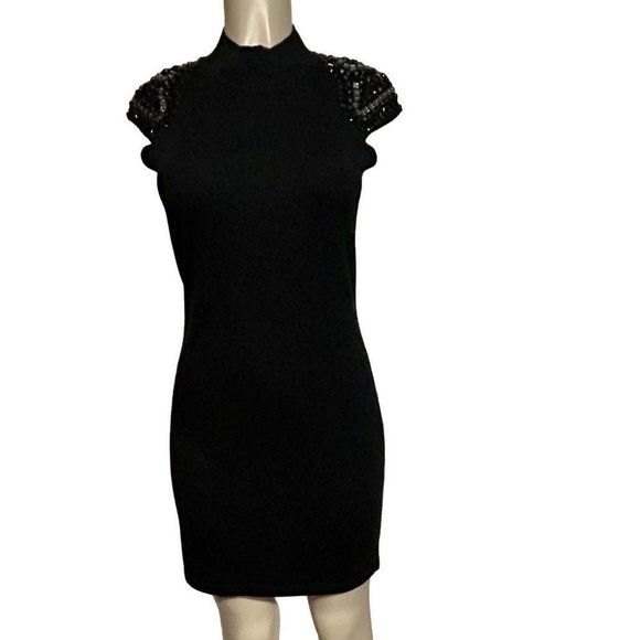 Design History Sweater Dress Women's Medium Black Fitted Cap Sleeves Embellished - Picture 8 of 12